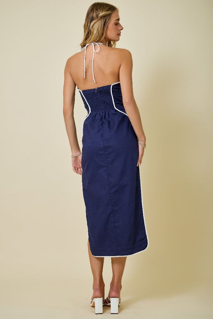 Front Center Halter Midi Dress - Navy