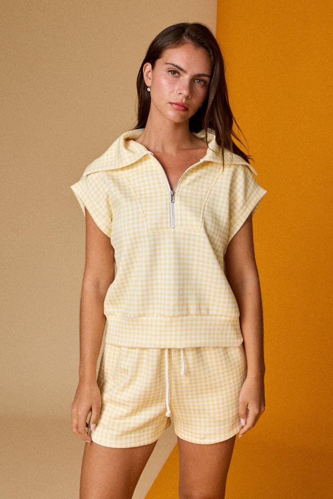 Lindy Gingham Quarter Zip & Short Set - Light Yellow