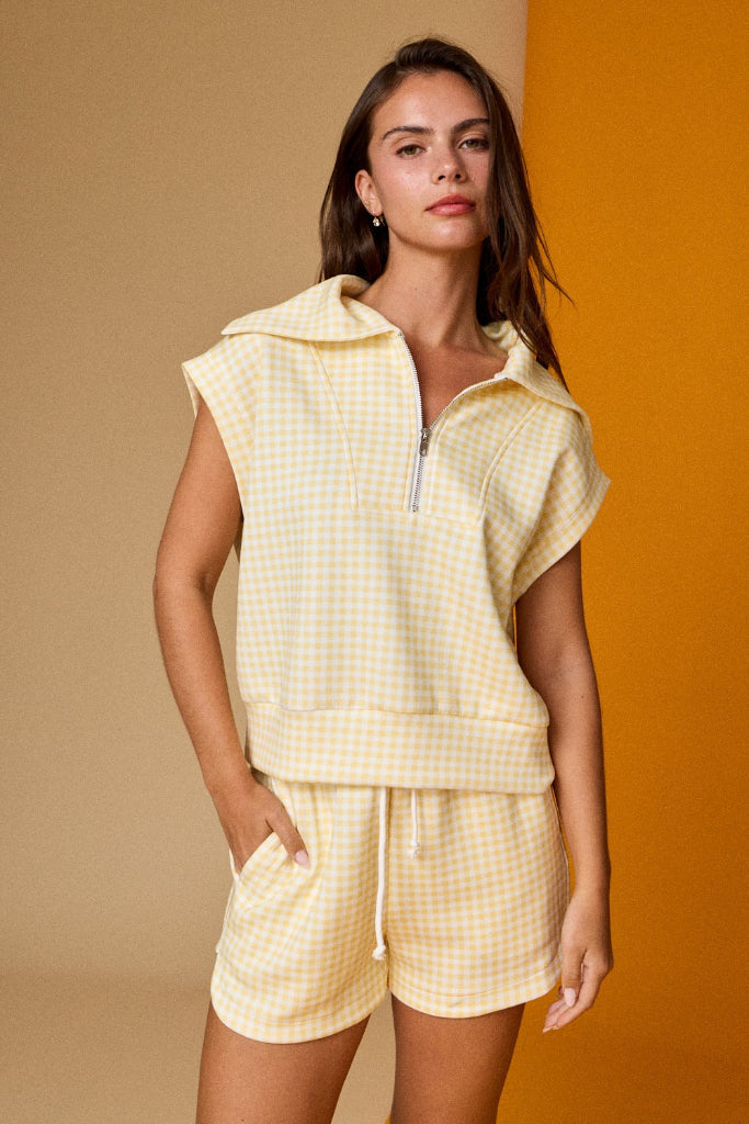 Lindy Gingham Quarter Zip & Short Set - Light Yellow