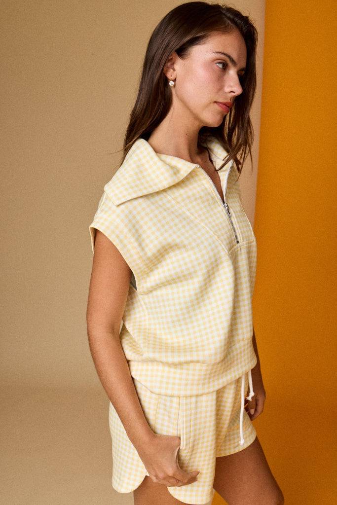 Lindy Gingham Quarter Zip & Short Set - Light Yellow