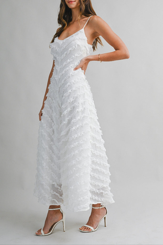 Clever Cutie Chevron Ruffle Midi Dress - Off White
