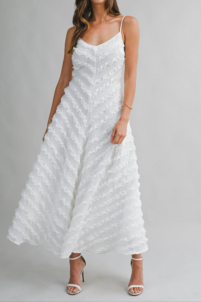 Clever Cutie Chevron Ruffle Midi Dress - Off White
