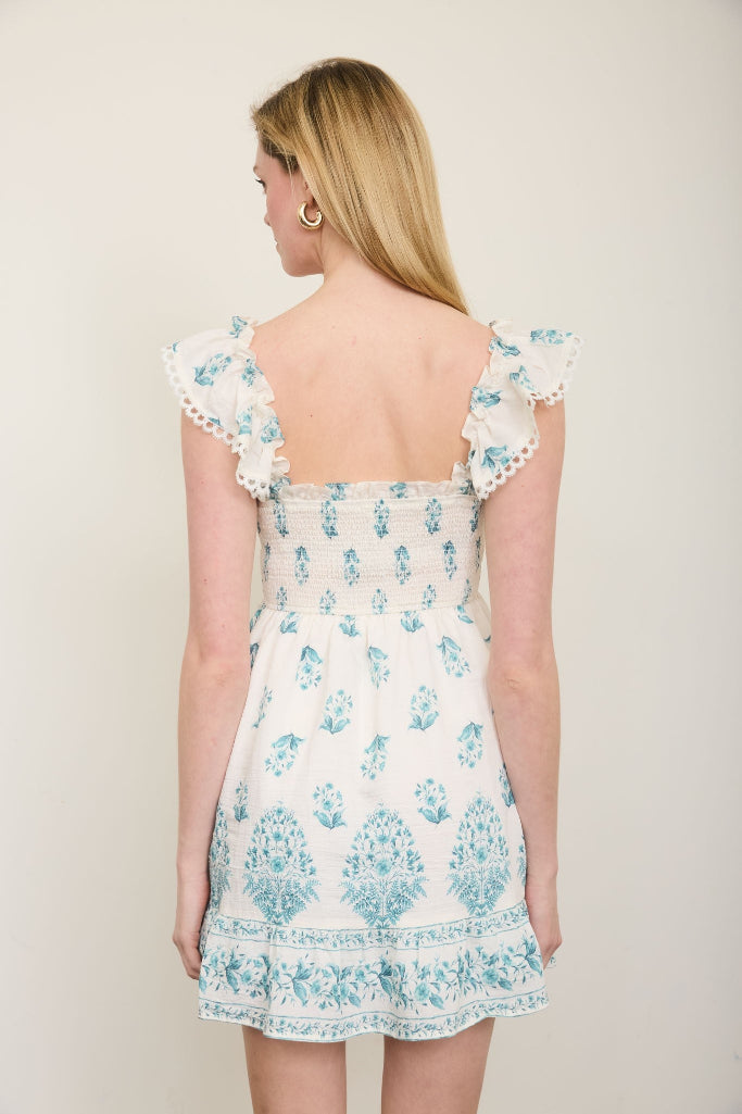 Minny Floral Smocked Dress - Cream/Light Teal