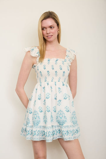 Minny Floral Smocked Dress - Cream/Light Teal