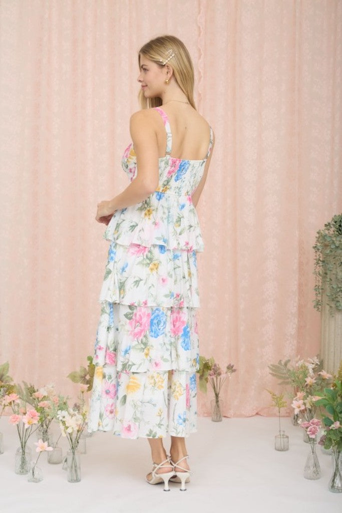 Andie Floral Tiered Midi Dress- White