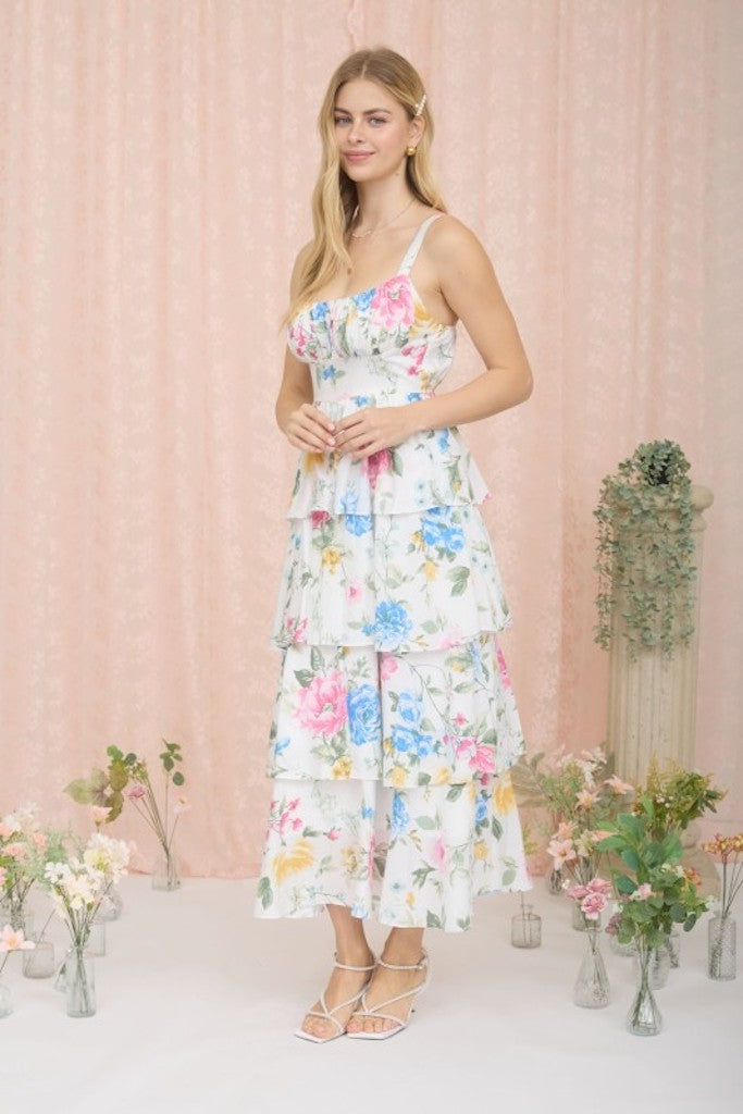 Andie Floral Tiered Midi Dress- White