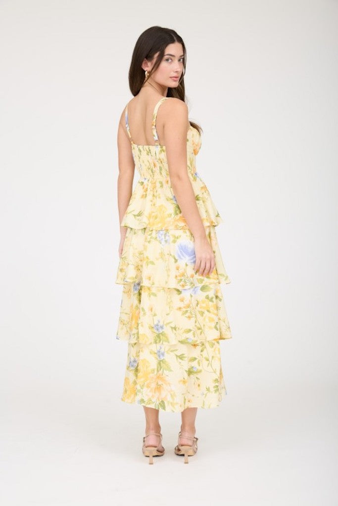 Andie Floral Tiered Midi Dress- Yellow
