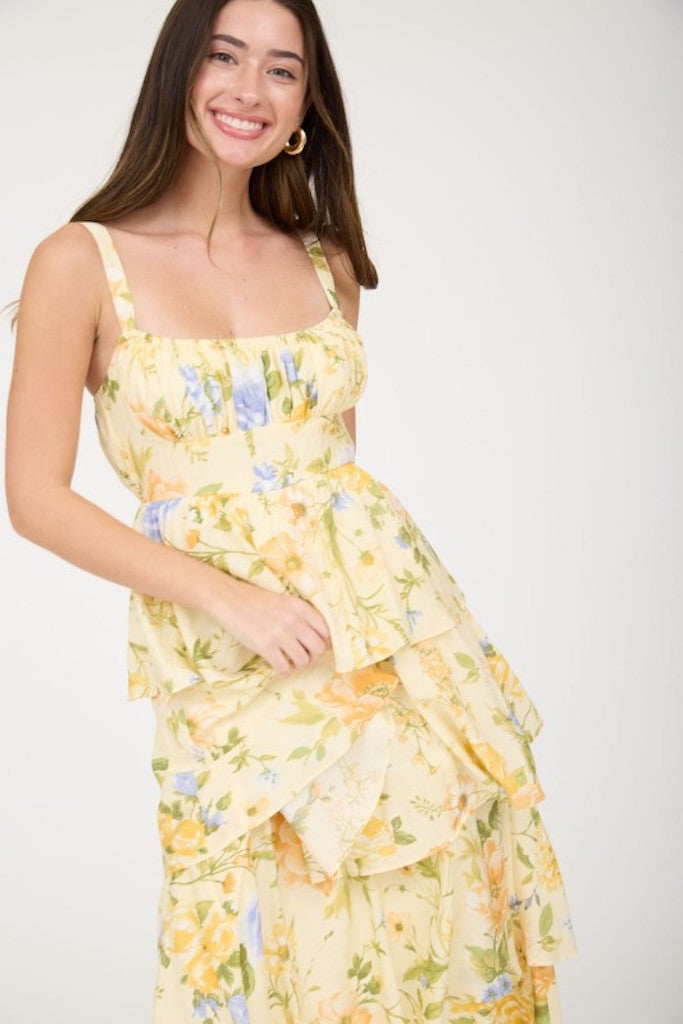 Andie Floral Tiered Midi Dress- Yellow