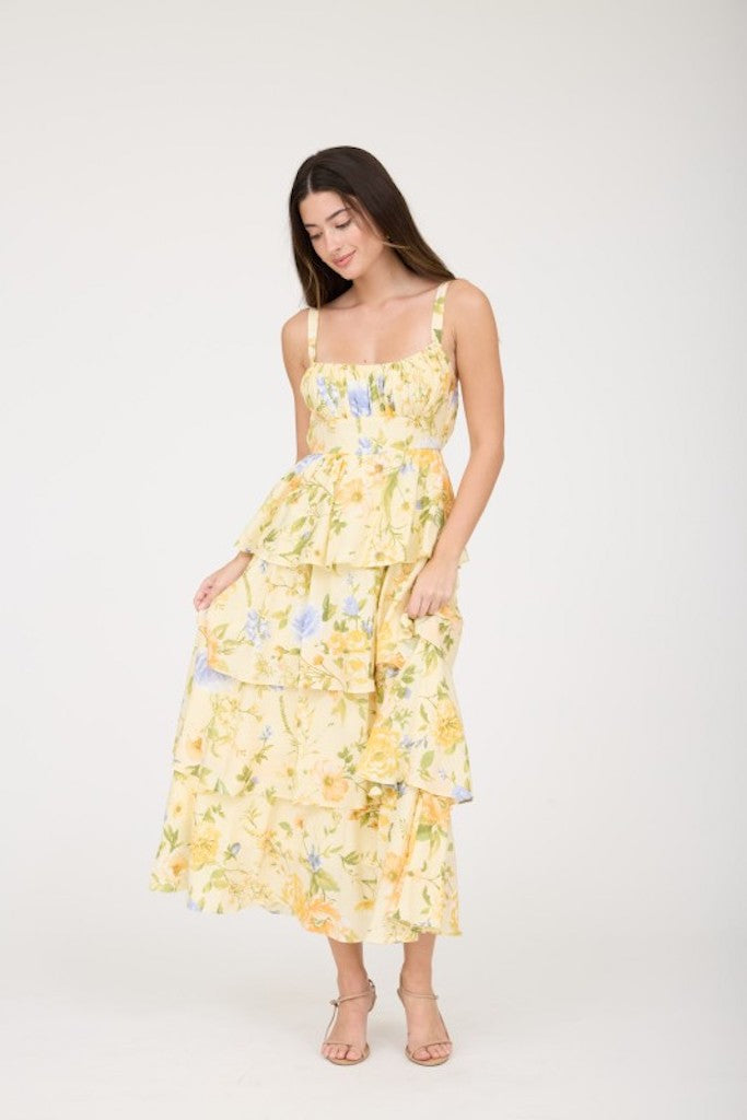 Andie Floral Tiered Midi Dress- Yellow