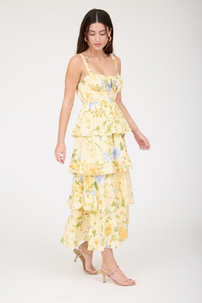 Andie Floral Tiered Midi Dress- Yellow