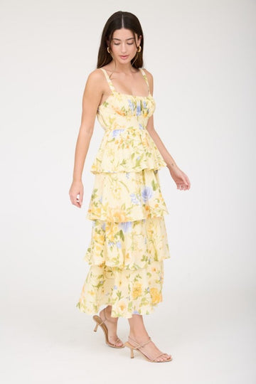 Andie Floral Tiered Midi Dress- Yellow