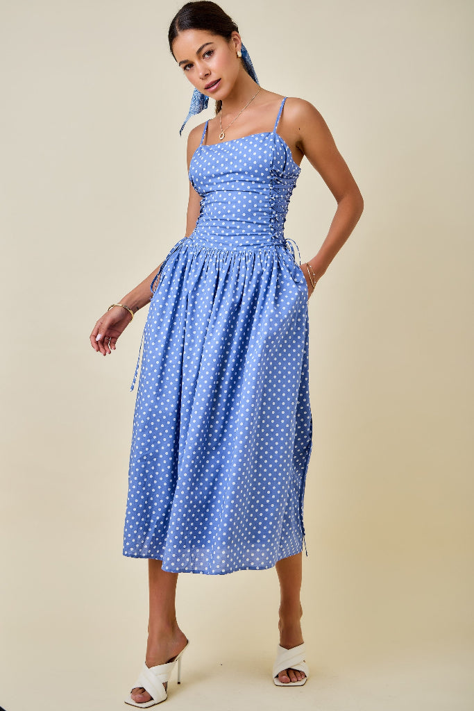 Starting Lineup Polka Dot Midi Dress - Light Blue