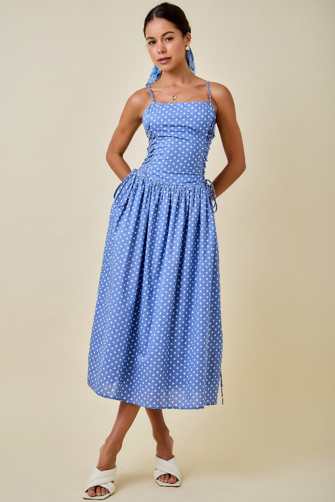 Starting Lineup Polka Dot Midi Dress - Light Blue