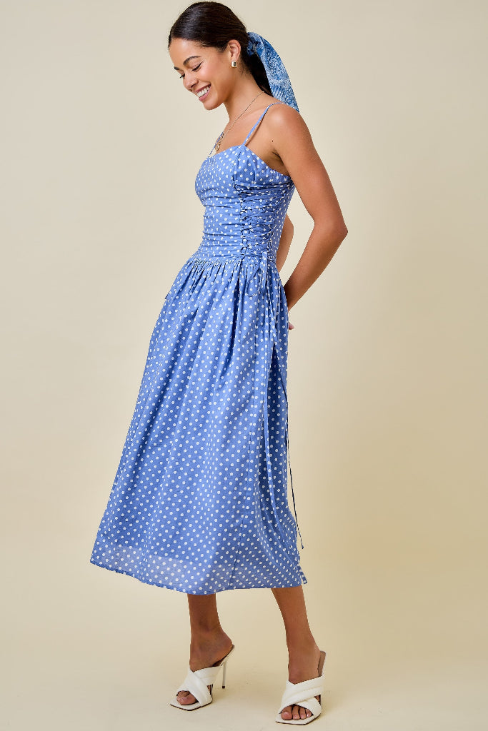 Starting Lineup Polka Dot Midi Dress - Light Blue