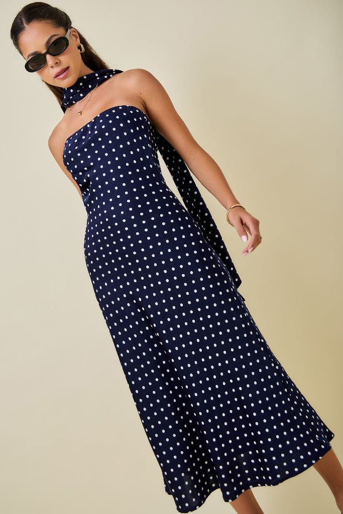 Cheering On Polka Dot Midi Dress - Navy