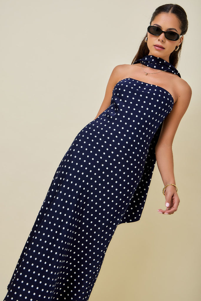 Cheering On Polka Dot Midi Dress - Navy