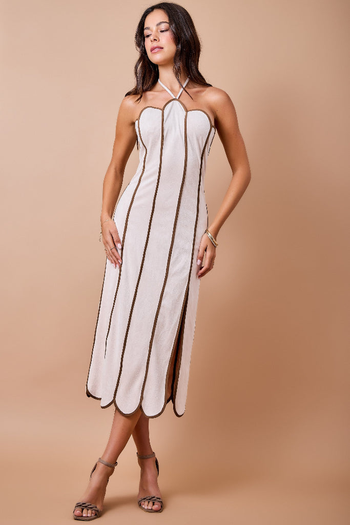 Natural Attraction Suede Scallop Midi Dress - Taupe/Brown