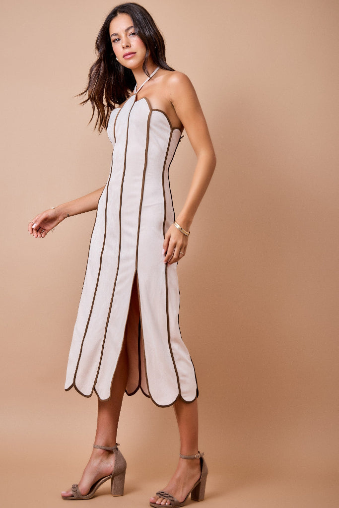 Natural Attraction Suede Scallop Midi Dress - Taupe/Brown