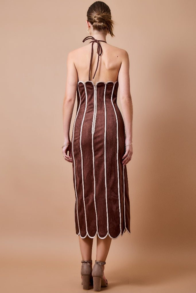 Natural Attraction Suede Scallop Midi Dress - Brown/Taupe