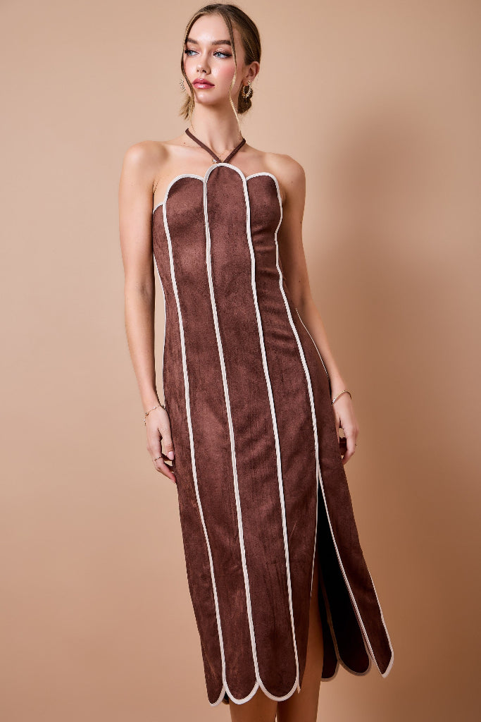 Natural Attraction Suede Scallop Midi Dress - Brown/Taupe