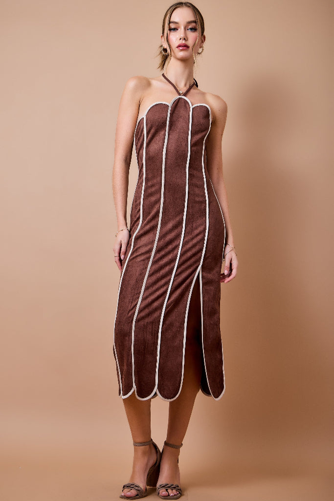 Natural Attraction Suede Scallop Midi Dress - Brown/Taupe