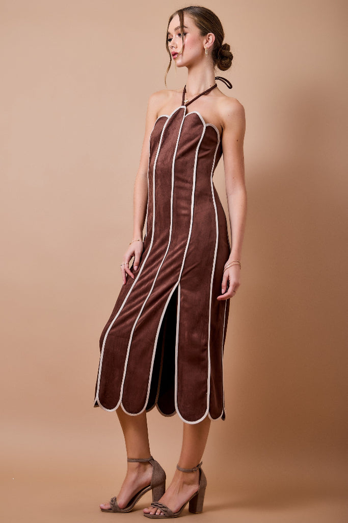 Natural Attraction Suede Scallop Midi Dress - Brown/Taupe