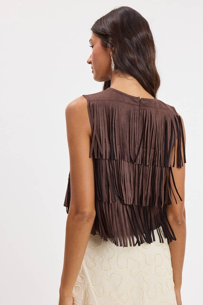 Better Bet Fringe Crop Top - Brown