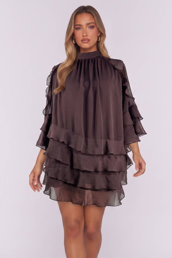 One I Chose Ruffle Chiffon Dress - Brown