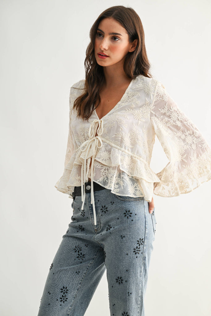 Christy Embroidered Sheer Blouse - Cream