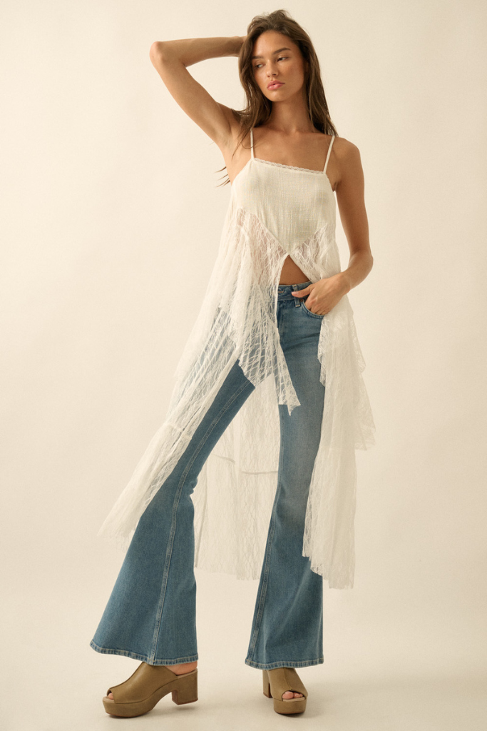 Saeris Lace Flyaway Maxi Cami Top - Cream