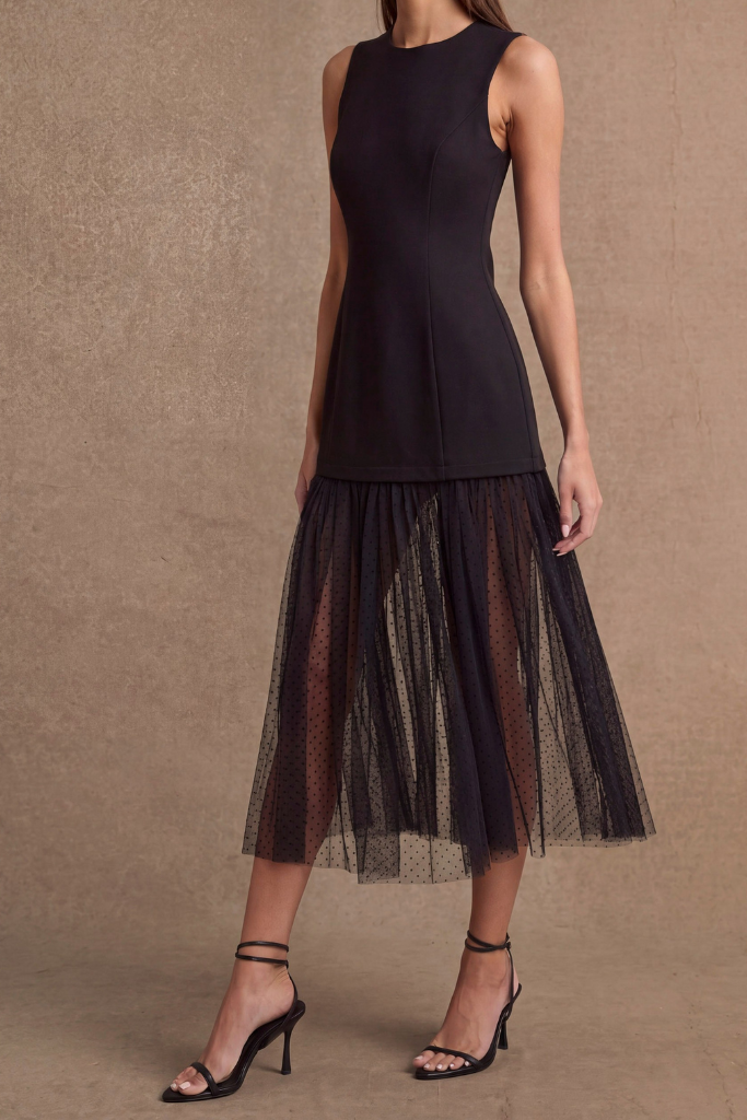 Not Afraid Dotted Mesh Midi Dress - Black