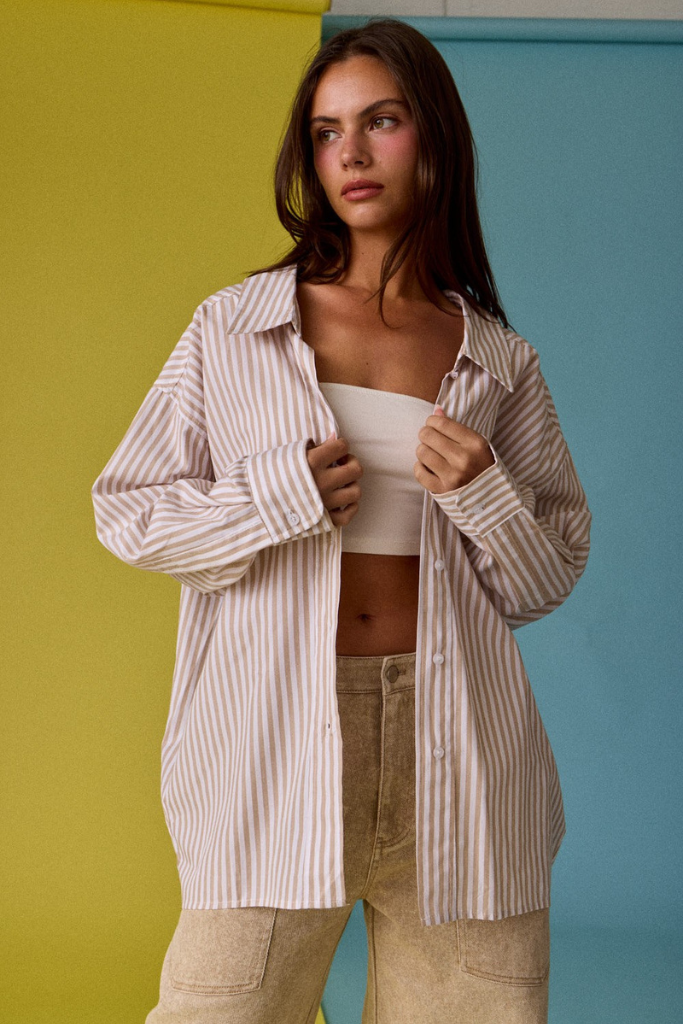 Monna Striped Button Up Top - Taupe