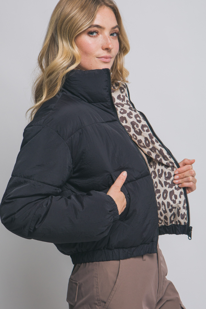 Warm Hold Reversible Jacket - Black/Leopard