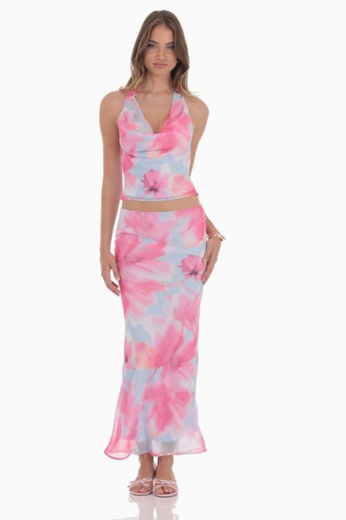 Chelley Floral Maxi Skirt- Blue/ Pink