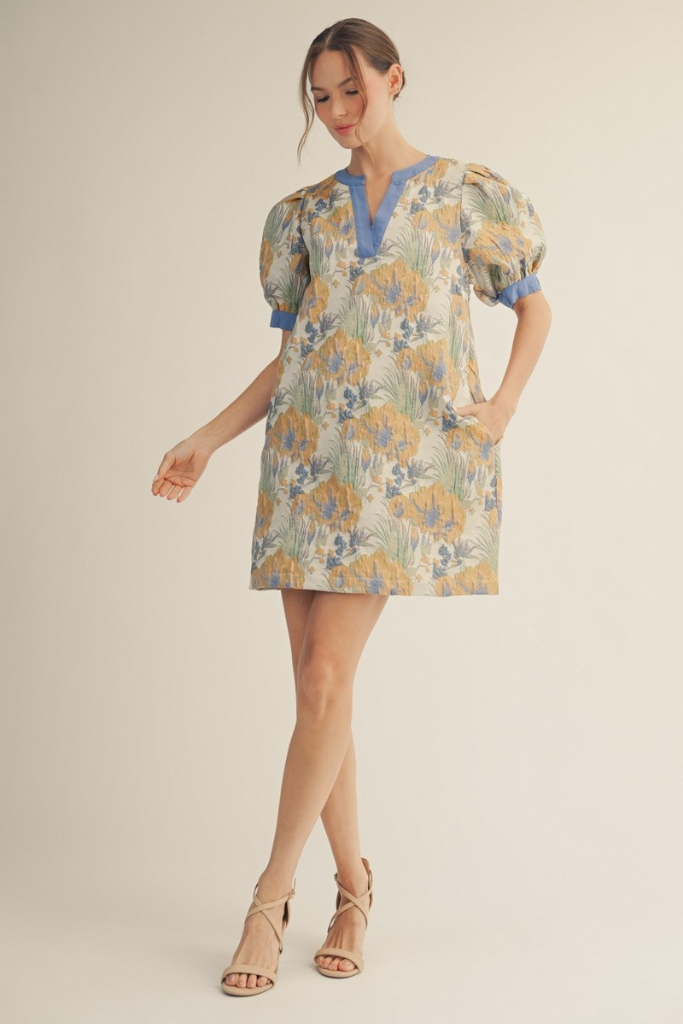 Korina Jacquard Shift Dress - Blue Floral