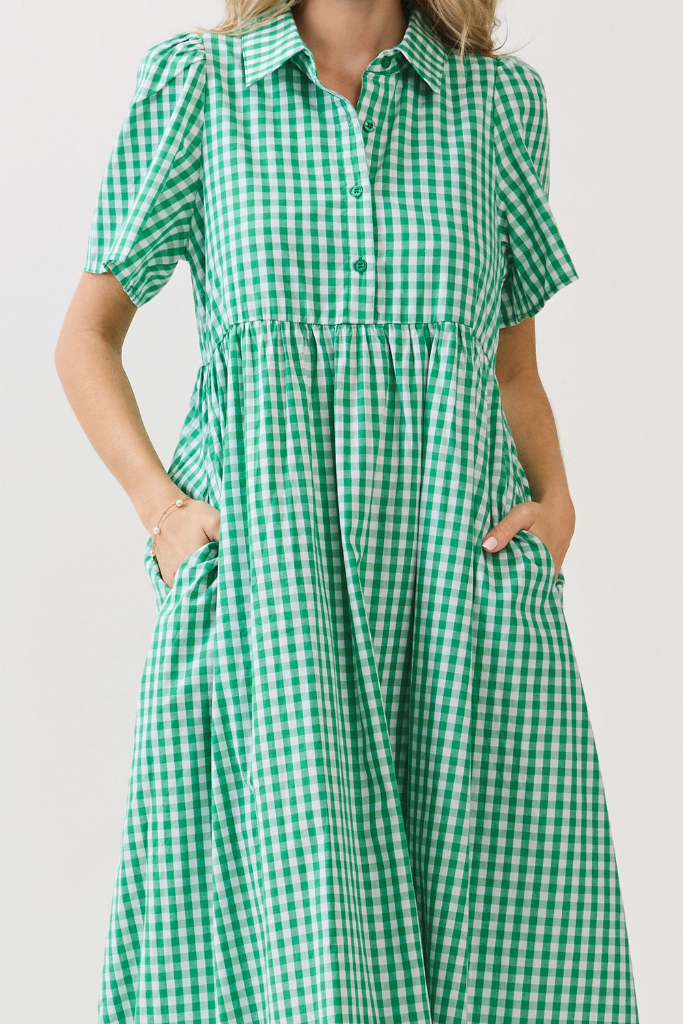 Kiss And Tell Gingham Midi Dress -  Kelly Green