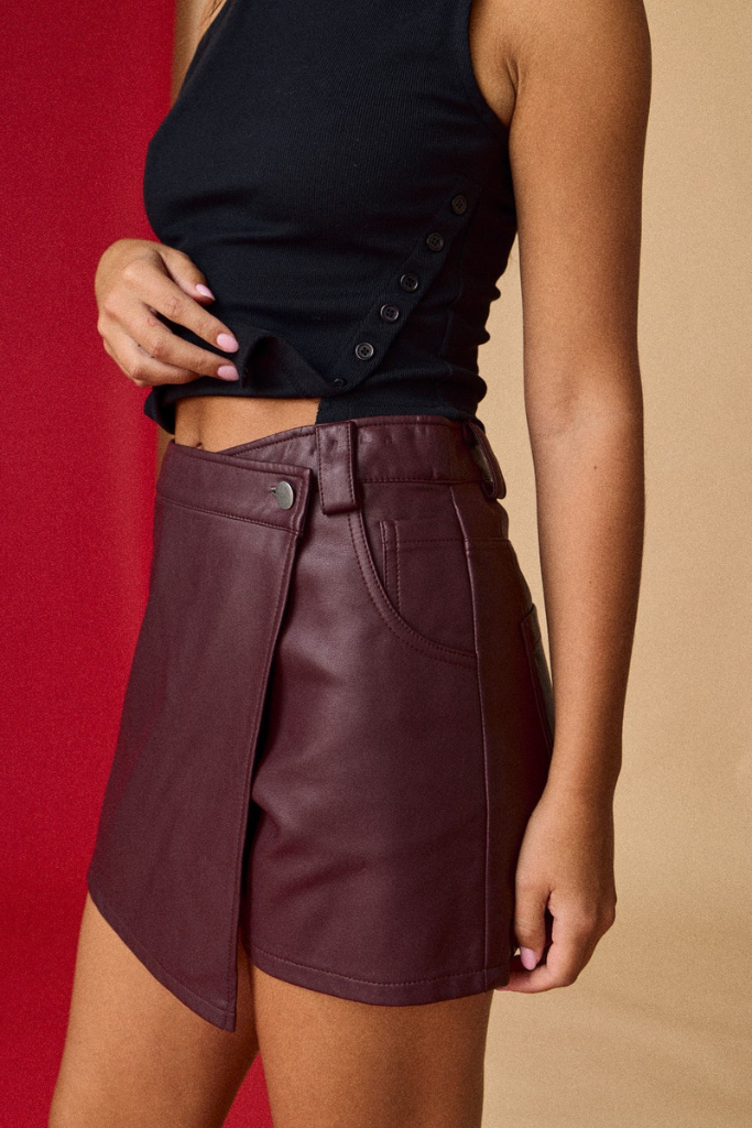 Rori Pleather Wrap Skort - Burgundy