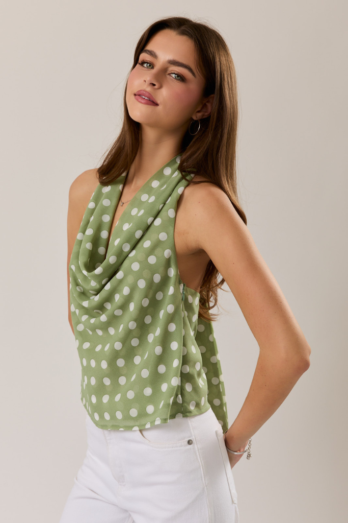Polly Polka Dot Halter Top - Green/White
