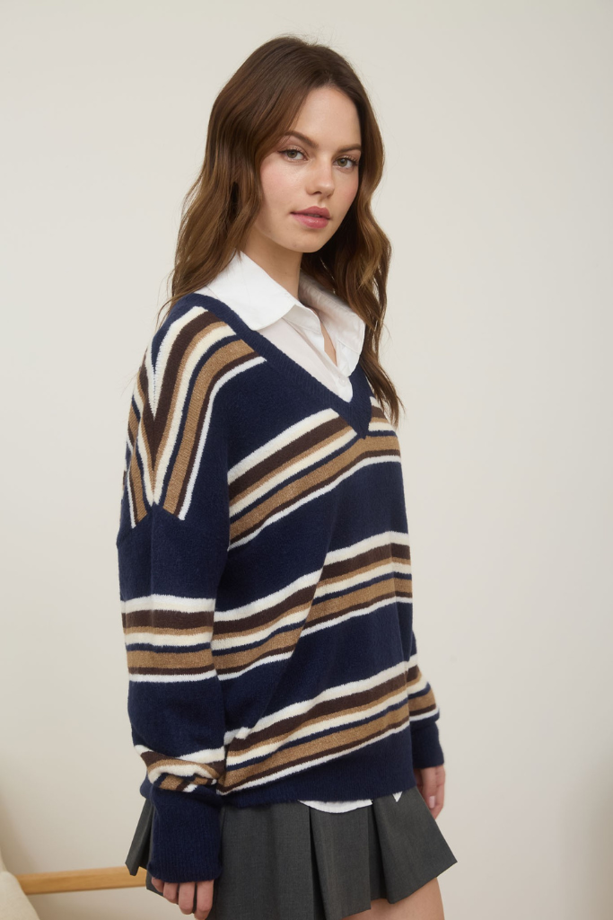 Uncomplicated Striped Sweater - Navy Multi