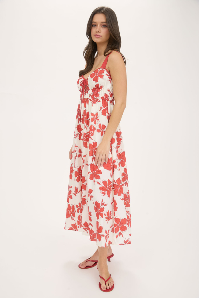 Oaklie Floral Midi Dress - Red