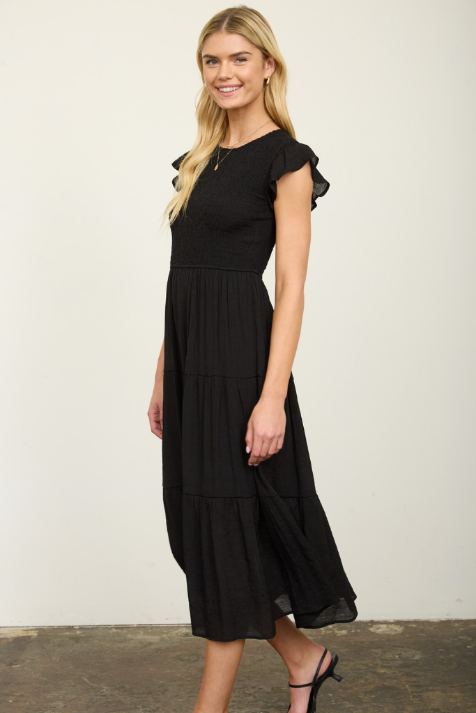 Loving Gaze Smocked Midi Dress - Black