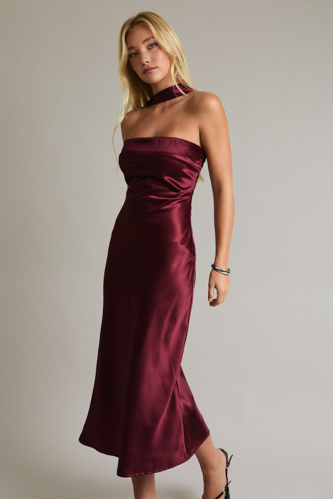 Show Off Satin Midi Dress-  Burgundy