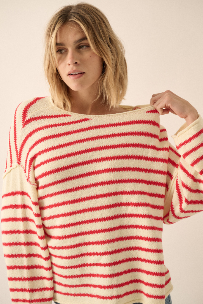 Tula Striped Off Shoulder Sweater - Cream/Red