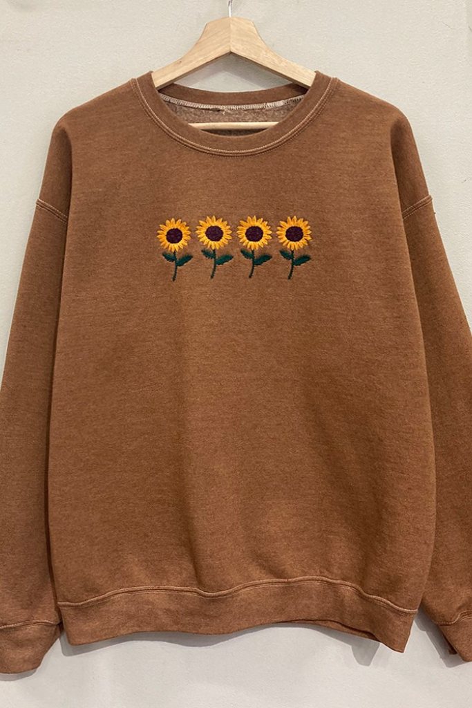 Embroidered Sunflower Sweatshirt - Pecan