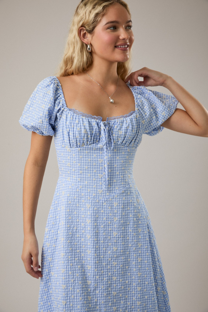 Getting Ready Gingham Midi Dress - Blue/White