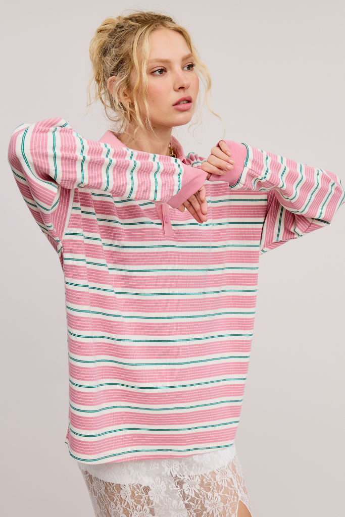 Easy Enough Striped Polo Top - Pink