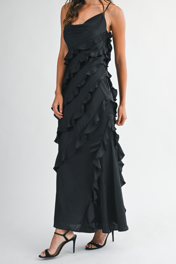 Clo Satin Ruffle Maxi Dress - Black