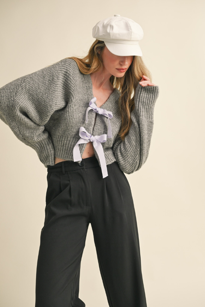 Have It All  Bow Cardigan - Grey