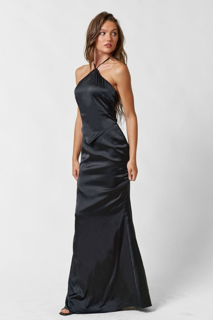 Ravelia Satin Maxi Dress - Black