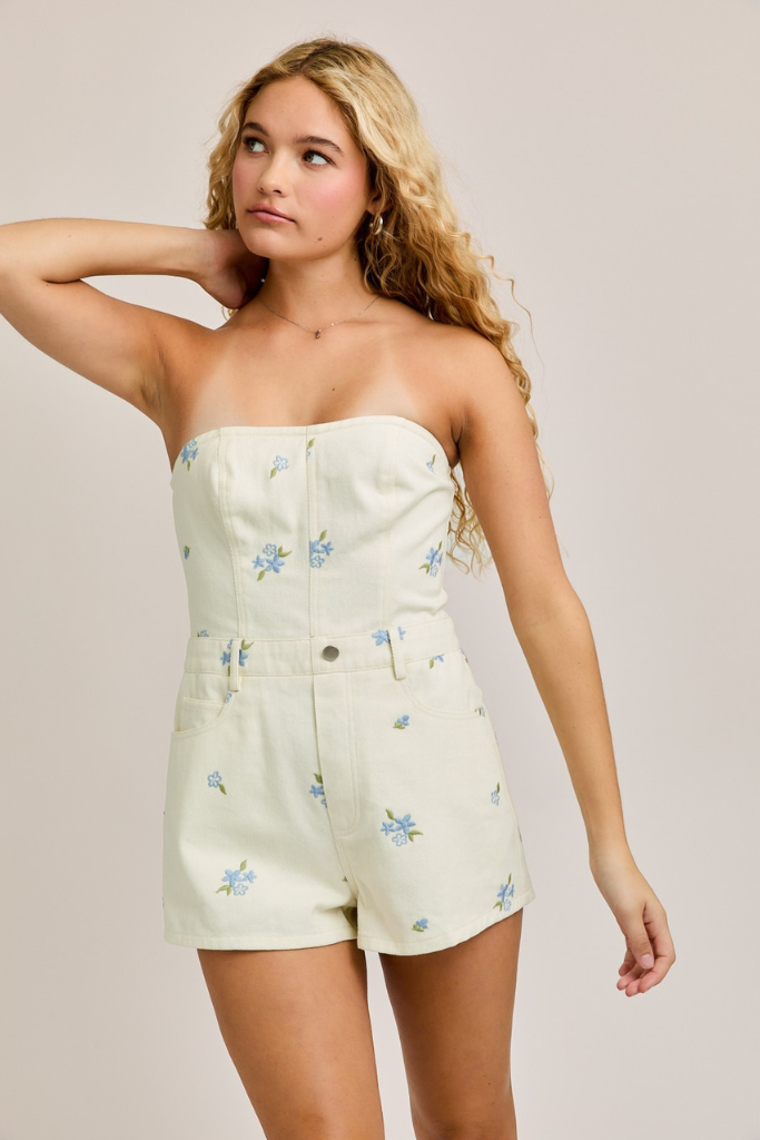 Floral Couture Romper - Cream/Blue